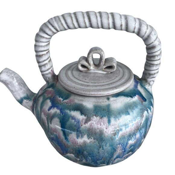 Artisan Made Small House Pottery Teapot With Lid Blue & Pink Ceramic Sanger TX - Picture 2 of 9